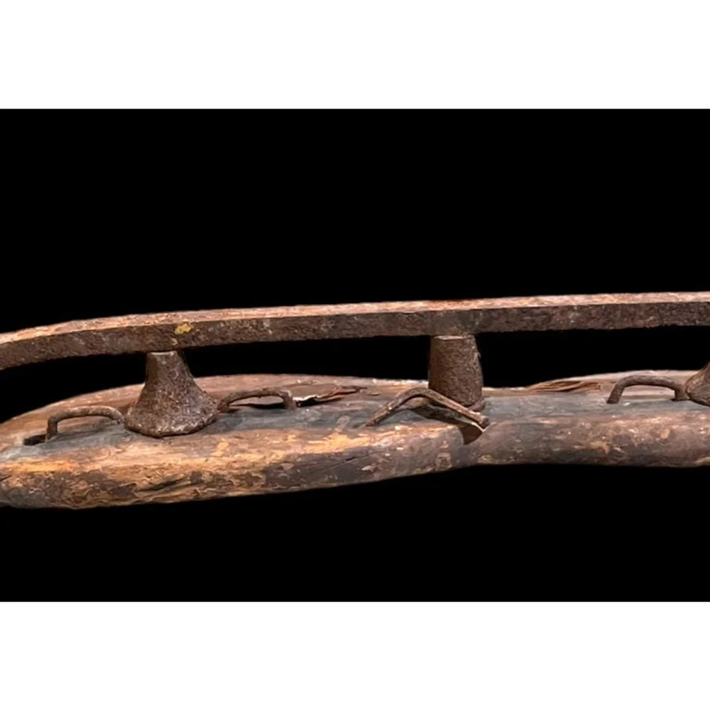 Antique 1800’s Wooden Ice Skate  metal blade & loops on bottom used for straps